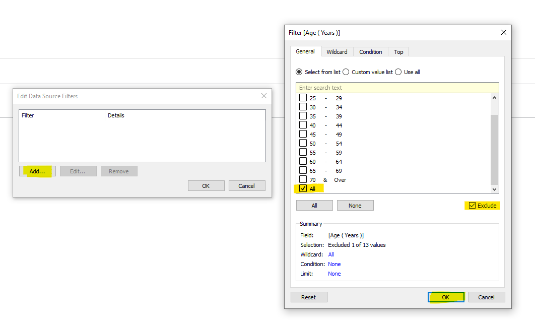 Filter away the “All” bucket from the tables